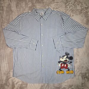 Disney Store Mickey Mouse Button Down Shirt Men’s L Blue White Stripe NWT